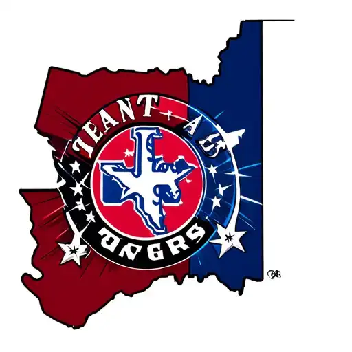 state of Texas with logo for Rangers, cowboys, aggies, and spurs emanating from their cities tattoo design idea