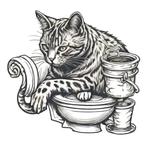 cat sitting on toilet holding coffee tattoo design idea