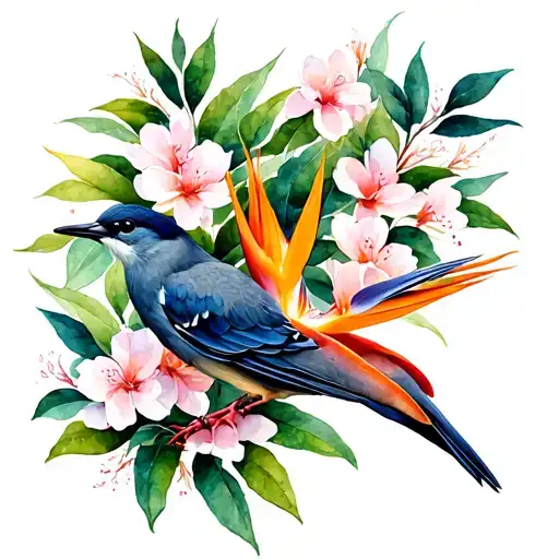 Bird of paradise with Japanese cherry flowers tattoo design idea