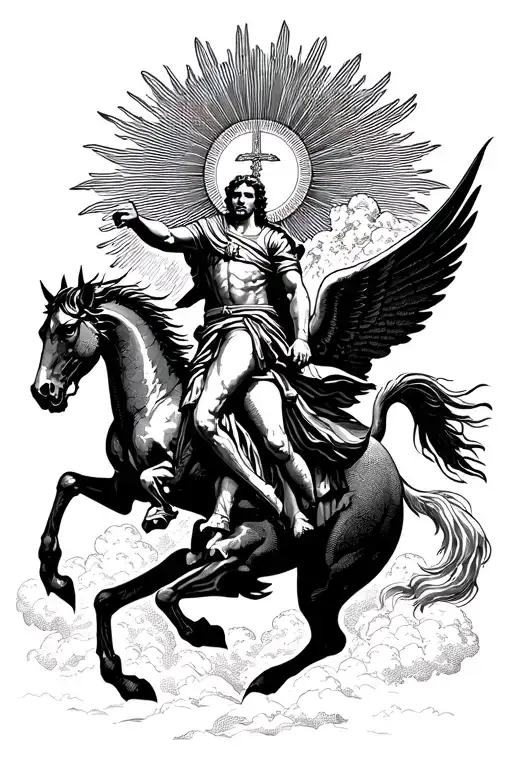 Saint George riding a pegasus and slaying a dragon in front of the sun with icarus falling below the battle tattoo design idea