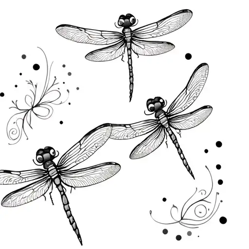 3 very dainty dragonflies with some whimsy lines and dots in background tattoo design idea
