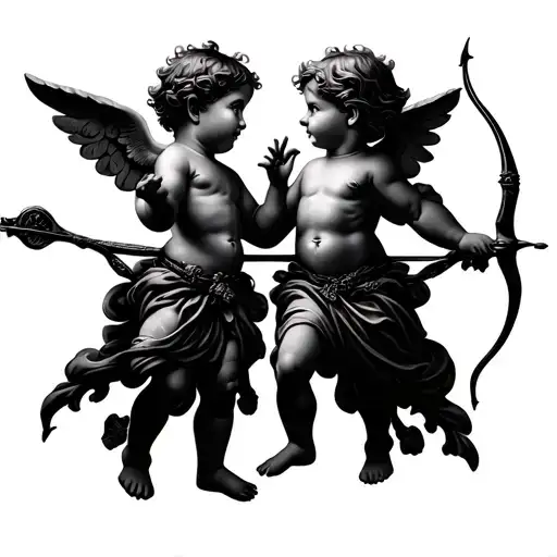 two realistic cherubs holding bow and arrows facing each other  tattoo design idea