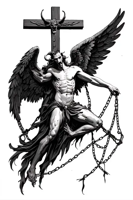 2. The fallen angels / demons • A winged demon in the crucifixion pose, with mutilated feathers and chains.	• molten or layer tattoo design idea