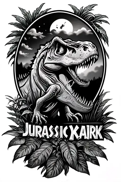 jurassic park style tattoo with some plants, a T-rex and the night sky tattoo design idea