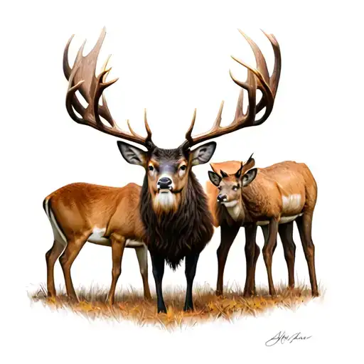 Big male red stag with a female red stag and two young male red stags tattoo design idea
