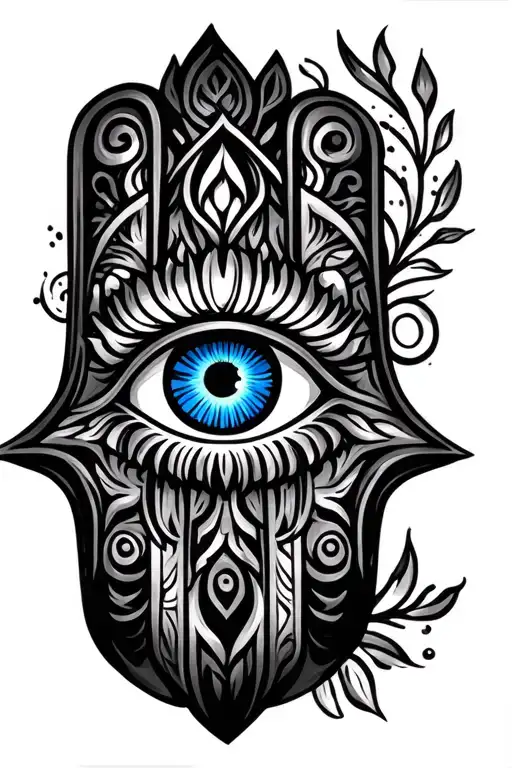 hamsa with blue eye, perseverence, resilience brave strong tattoo design idea
