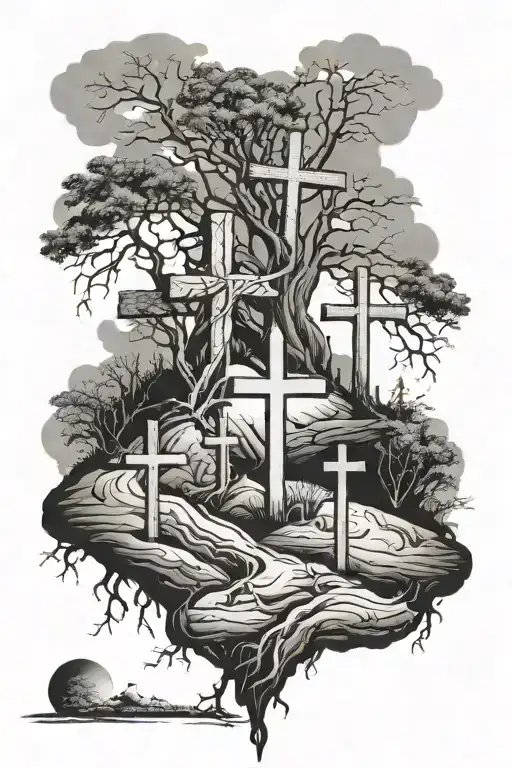 3 crosses on hill with roots reaching deep tattoo design idea