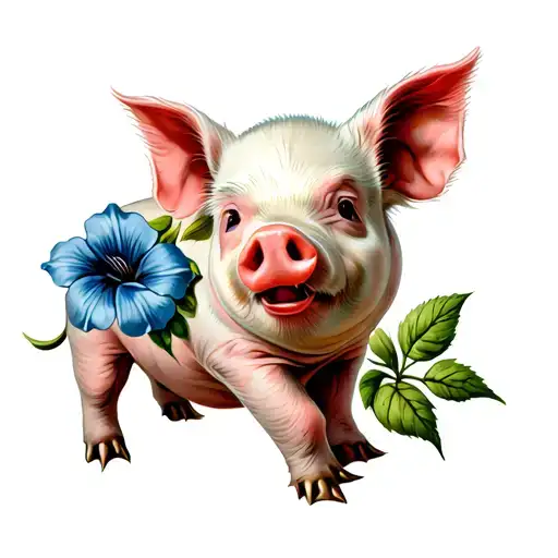 baby pig with blue morning glory flower  tattoo design idea