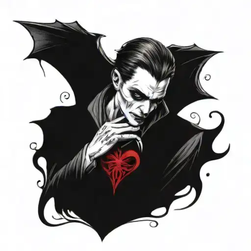A hauntingly beautiful portrait of a vampire embracing a heart, symbolizing the love for horror and passion for the dark side tattoo design idea