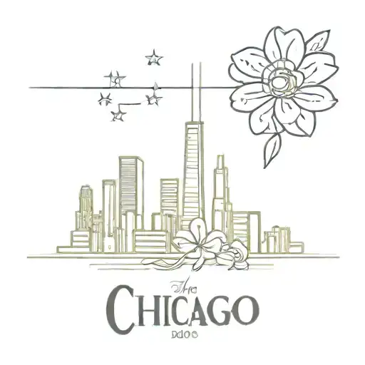 Chicago skyline and flag and flowers tattoo design idea