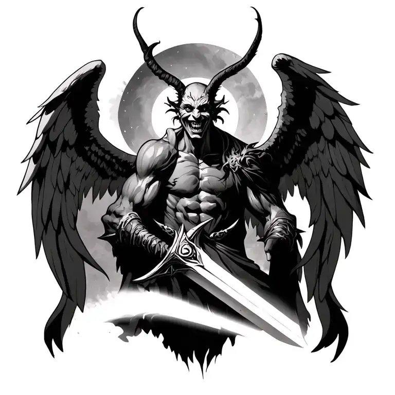 Demon with hirns killing angel with sword while smiling. tattoo design idea