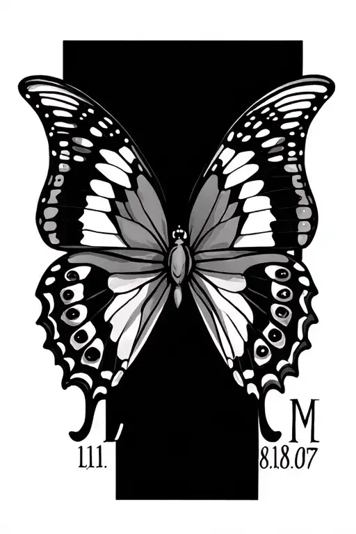 Two colorfull butterflies one having the letter L 11.11.04 and the other having the letter M 8.18.97 placed on the wings tattoo design idea