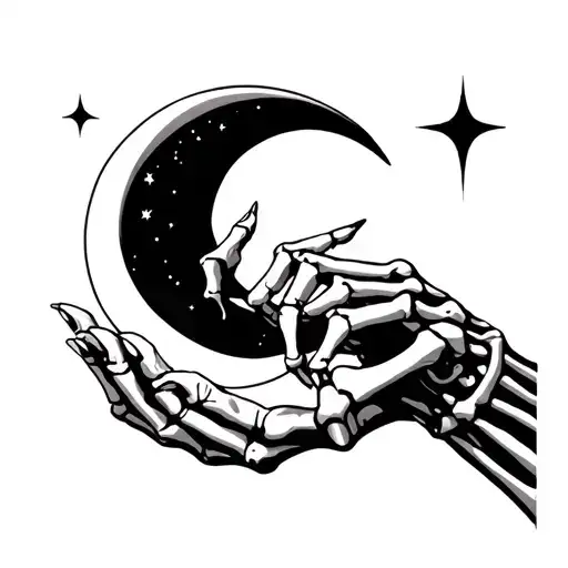 skeleton hand holding a crescent moon surrounded tattoo design idea