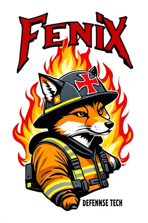 "Fenix Defense Tech" Fox wearing firefighter gear, surrounded by flames. Helmet has maltese cross fire symbol. tattoo design idea