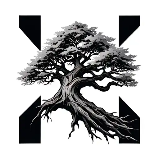a bold ash tree, Yggdrasil-style, but geometric. Jagged, sharp lines for the trunk, fanning out into triangular branches tattoo design idea