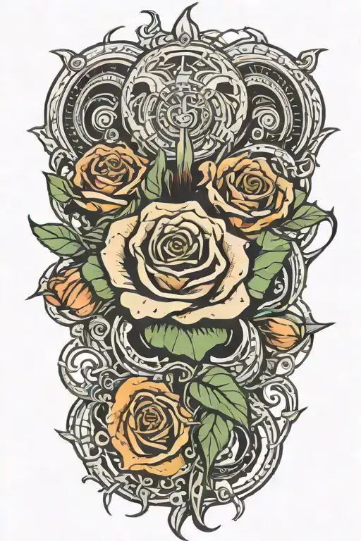serpent rising from knee, coiling around a flaming fractal rose blooming on the thigh, glowing with light. tattoo design idea