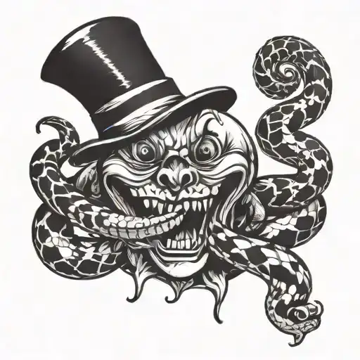 poisonous snake around the head of a smiling clown tattoo design idea