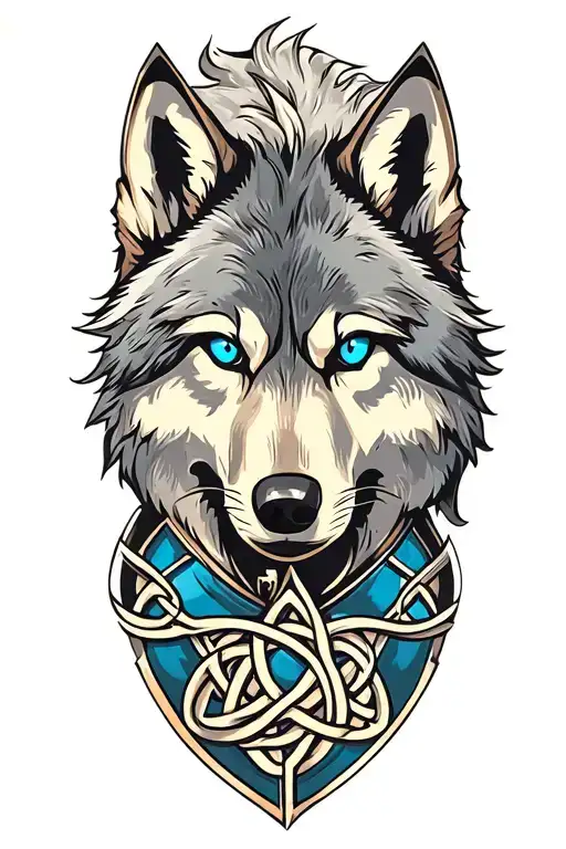 wolf with blue eyes on armor tattoo design featuring Celtic trinity knot  tattoo design idea