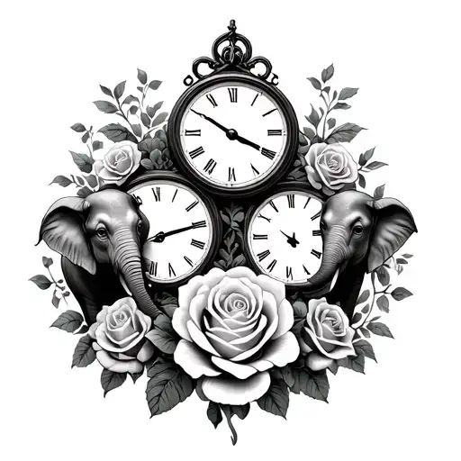 family of elephants between two clocks and roses growing tattoo design idea