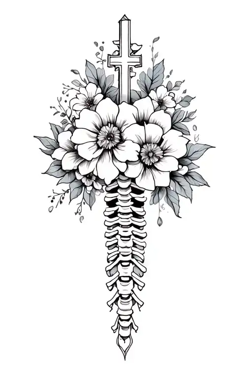 spine tattoo with flowes, cross and 381 feminine simple tattoo design idea