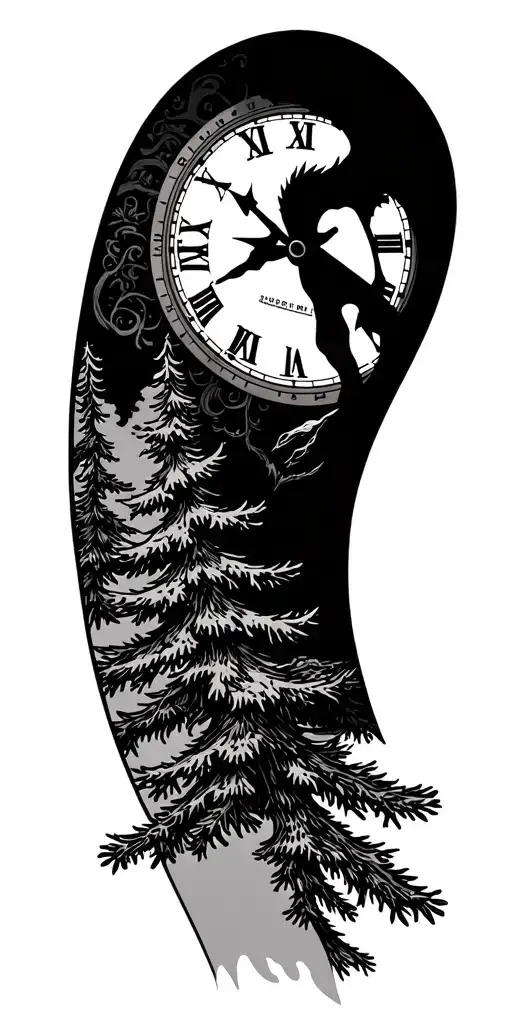 arm sleeve. pine trees, military, clock face tattoo design idea