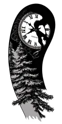 arm sleeve. pine trees, military, clock face tattoo design idea