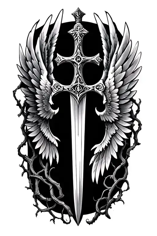 sword wrapped  in vine with a cross and a wing tattoo design idea