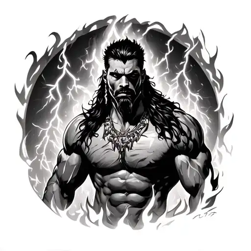 Imposing shango, muscular, serious expression, surrounded by stylized fire, thunder and lightning in the background, quarries s tattoo design idea