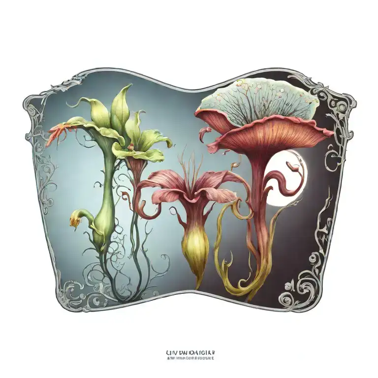 A unique tattoo design combining a collection of carnivorous plants like pitcher plants and sundews with a variety of exotic insects, creating a surreal and captivating scene tattoo design idea