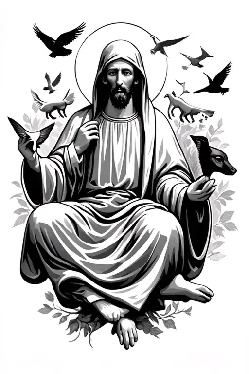 St Francis of Assisi with hood up sitting with animals with birds flying up tattoo design idea