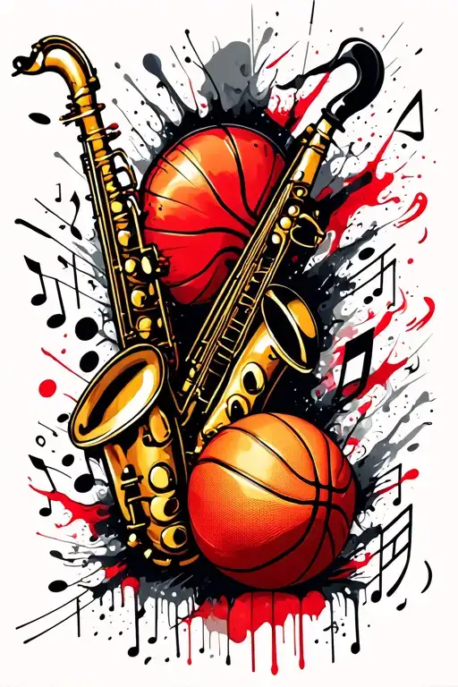 basketball and saxophone surrounded my music notes tattoo design idea