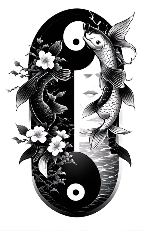 katana with koi fish yin yang with sakura tree and samurai face in the background tattoo design idea