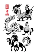 Chinese inspired zodiac tattoo for with a monkey, dragon, rooster, and horse  tattoo design idea