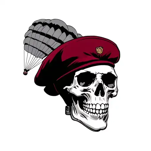 skull with maroon beret and parachute  tattoo design idea