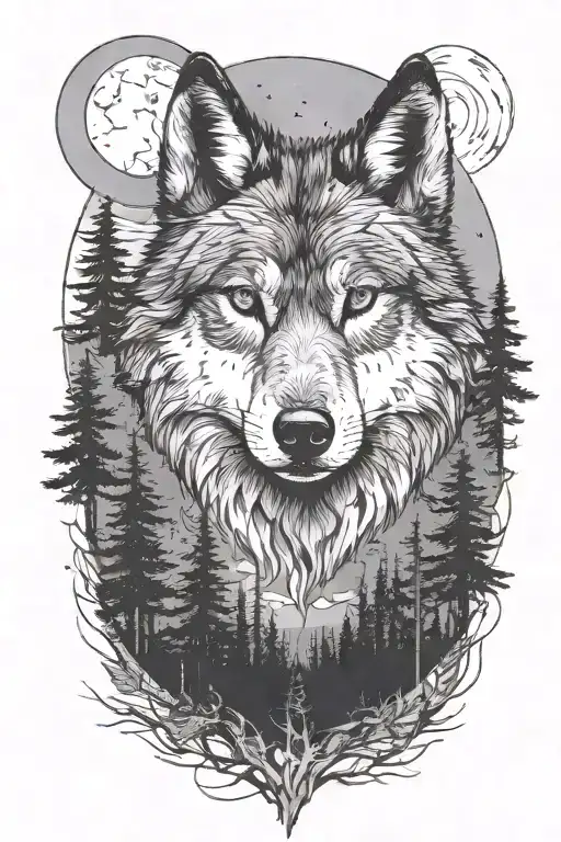 a serious-looking wolf looking straight ahead, with a forest of pine trees behind him and a full moon shining in the sky tattoo design idea