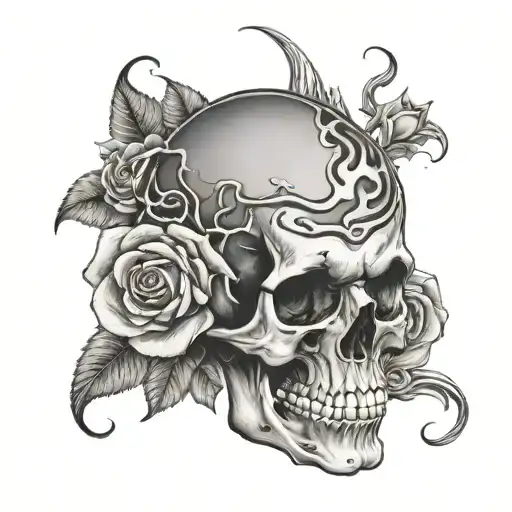 Realistic black and grey Open skull with brain with tornado and roses around the side tattoo design idea