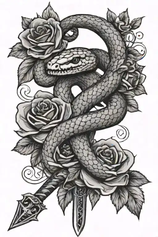 a snake wrapped around a sword on a bed of roses blooming tattoo design idea
