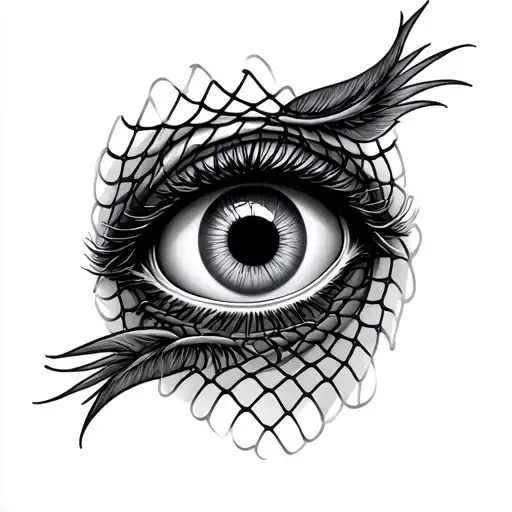 thick fishnet covering lower arm with a realistic eyeball with lash tattoo design idea