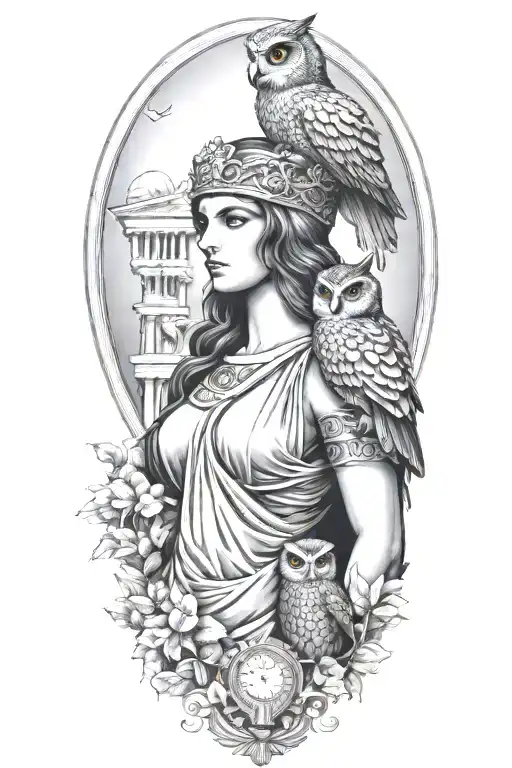 athena greek goddess with owl and parthenon tattoo design idea
