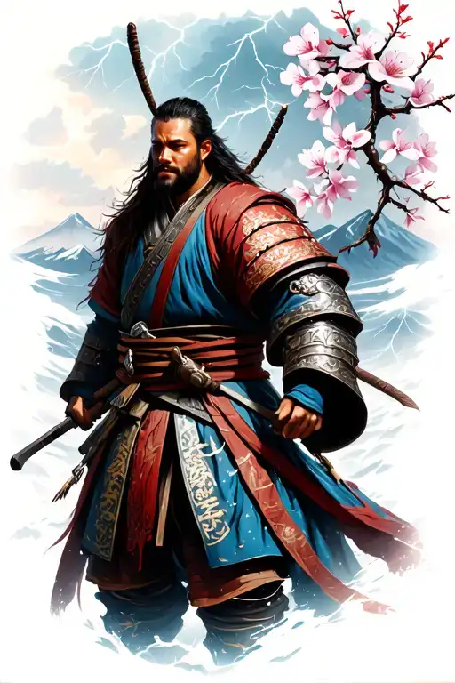 , Japanese cherry blossom, Samurai, Storms and lightning, Water, Vikings, snowy Mountains tattoo design idea
