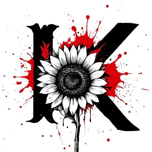 The letter "K" Made with a sunflower and a knife tattoo design idea