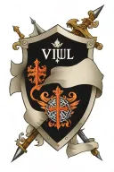 Shield with Christan cross and above it a banner with the text 'Deus Vult' tattoo design idea