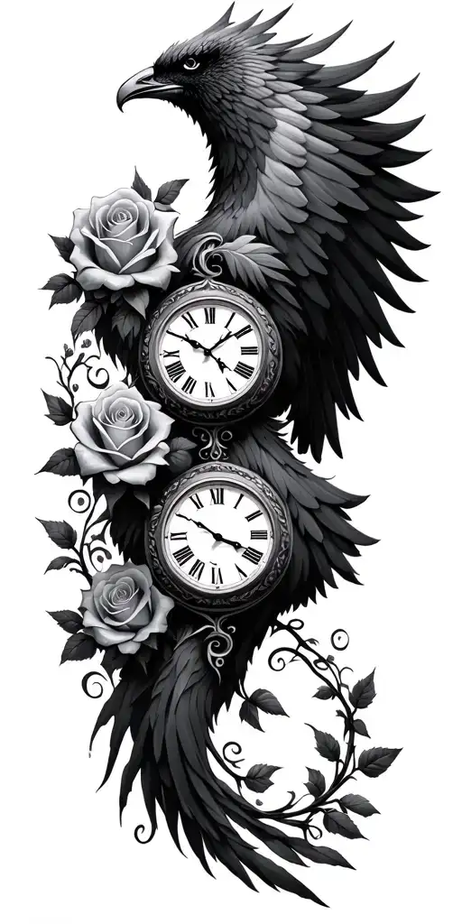 2 Clocks with Roses and vines. Names Logan and Elsie. Rising phoenix.  tattoo design idea