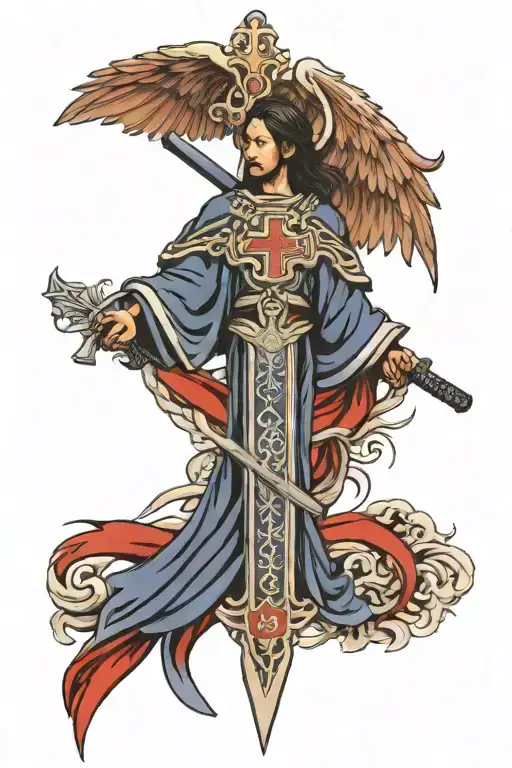 ARch angel micheal sword, wings AND cross of jesus  tattoo design idea