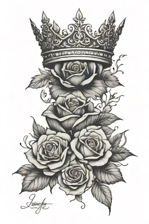 crown, mountain range, rose tattoo design idea