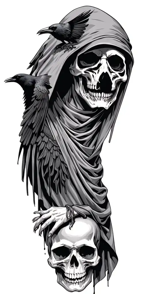 grim reaper with crow flying and skull tattoo design idea