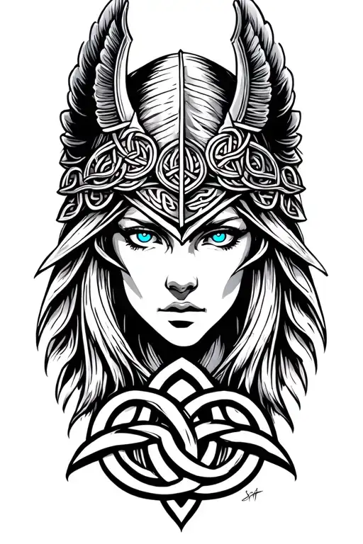 Valkyrie with blue eyes on armor tattoo design featuring Celtic trinity knot  tattoo design idea