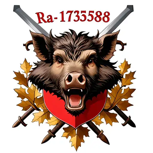 Coat of arms with a boar's face with oak leaves and swords against the background and above the head the inscription "Ra-173568" tattoo design idea