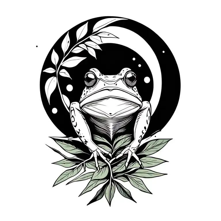 Kambo frog, ayahuasca branch with leaves, waning crescent moon tattoo design idea