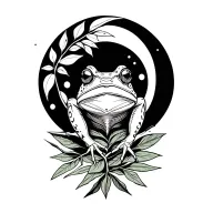 Kambo frog, ayahuasca branch with leaves, waning crescent moon tattoo design idea